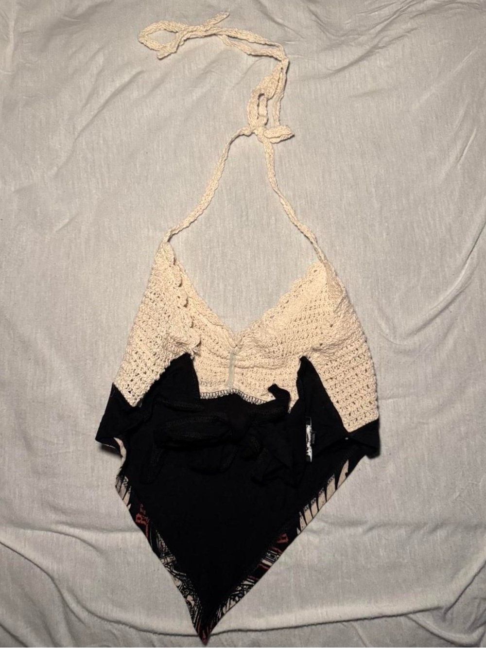 Fashion Nova Cream Crochet Halter Tank Top with Black & Red Motorcycle Graphic - Picture 2 of 4